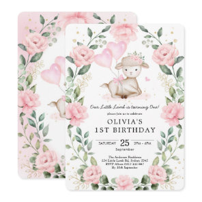 Girl Lamb Baby Sheep Blush Floral 1st Birthday Invitation