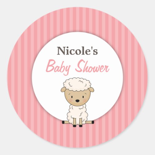 Girl Lamb Baby Shower Pink Stripe Classic Round Sticker
