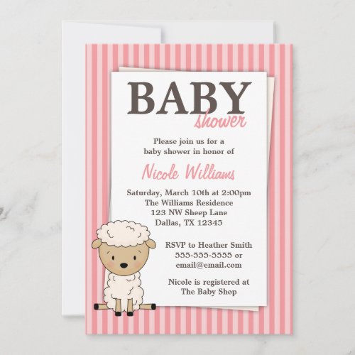 Girl Lamb Baby Shower Pink Stripe Invitations