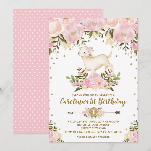 Girl Lamb Birthday Invitation Pink Floral Farm