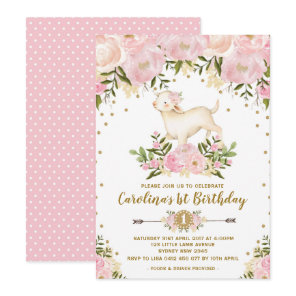 Girl Lamb Birthday Invitation Pink Floral Farm