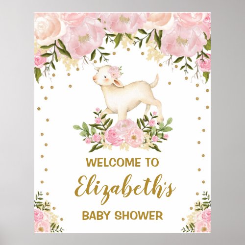 Girl Lamb Sheep Pink Blush Floral Baby Shower Poster