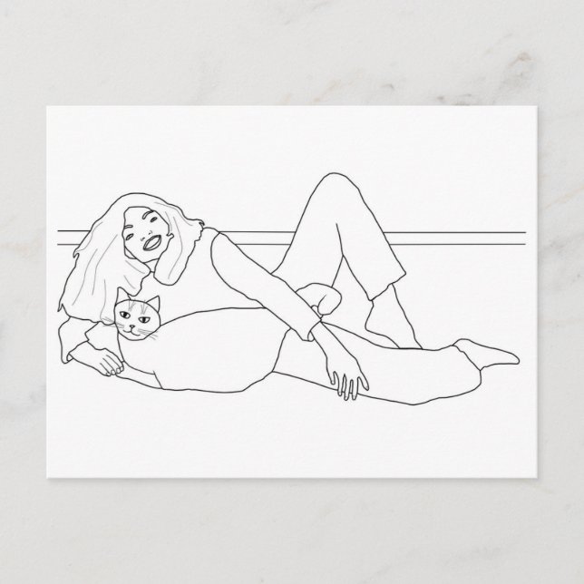 Girl laying by cat, coloring postcards (Front)