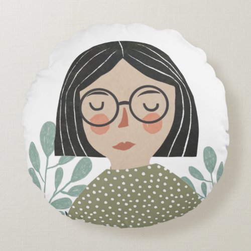 Girl leaf illustration round pillow