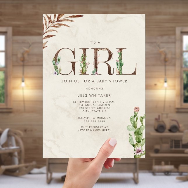 Girl Leather Inspired Western Cactus Baby Shower Invitation