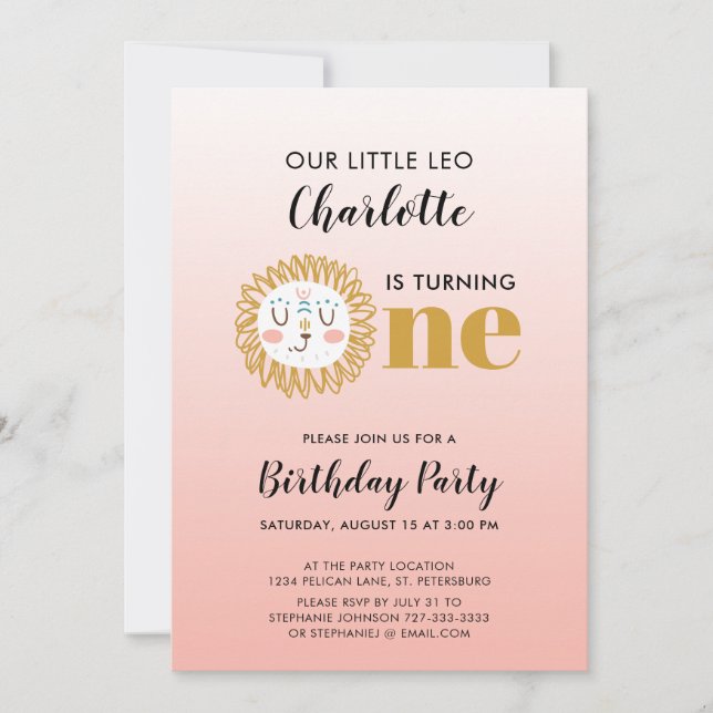 Girl Leo Sun Sign First Birthday Invitation (Front)