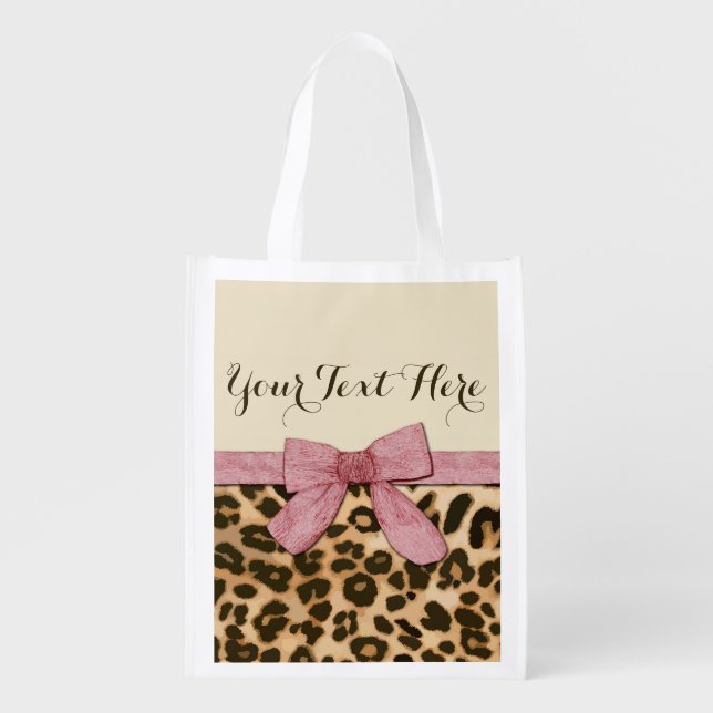 Girl Leopard Print Baby Pink Bow Grocery Bag (Front)
