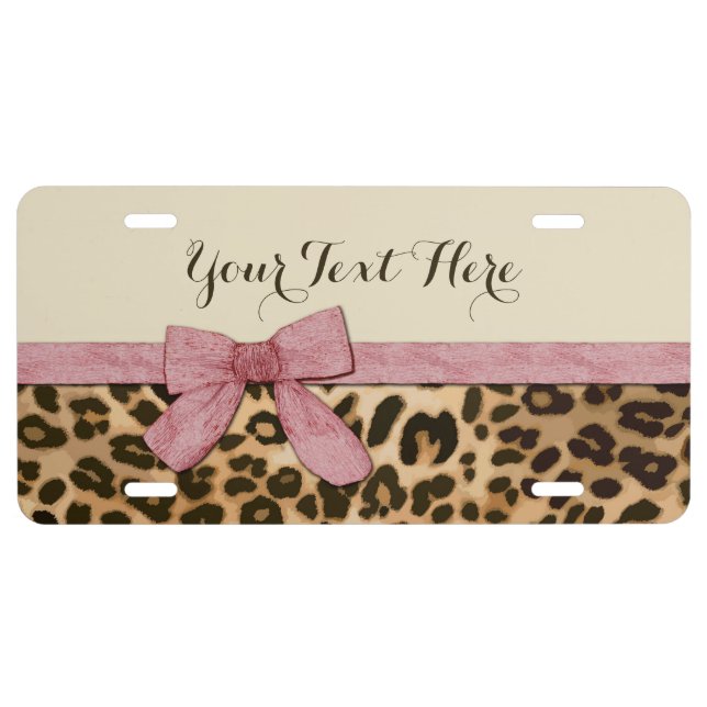 Girl Leopard Print Baby Pink Bow License Plate (Front)