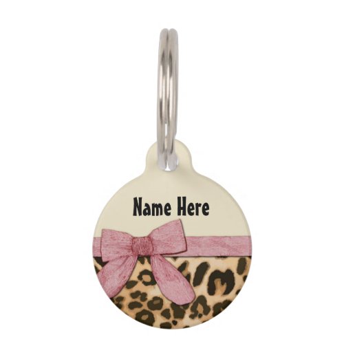Girl Leopard Print Baby Pink Bow Pet Tag