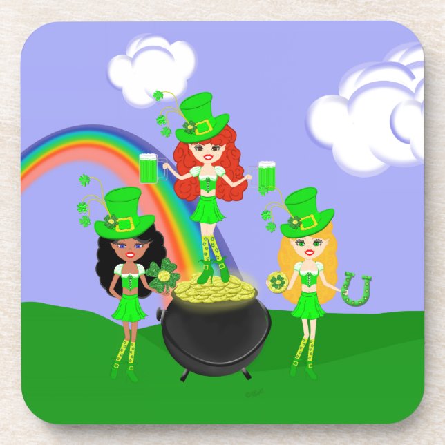 Girl Leprechauns Rainbow and Pot of Gold Drink Coaster (Front)