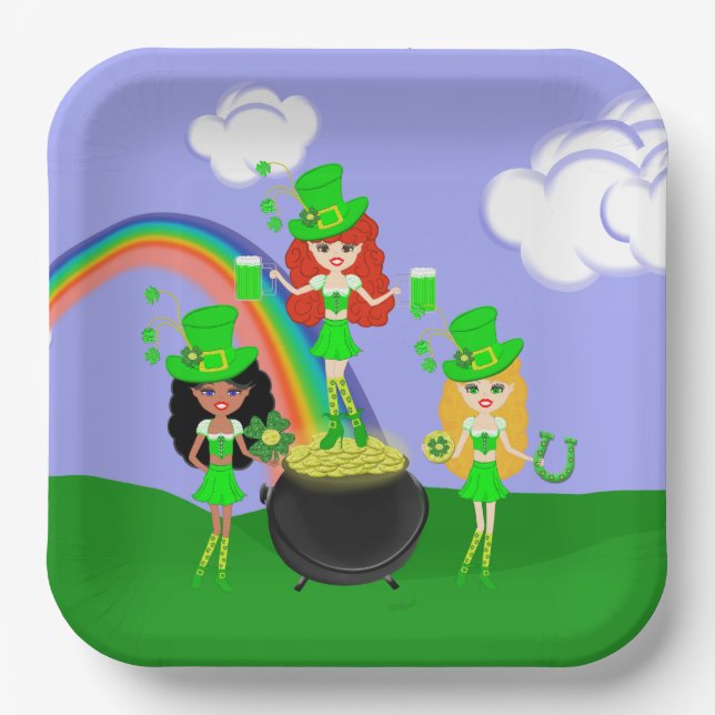 Girl Leprechauns Rainbow and Pot of Gold Paper Plates (Front)