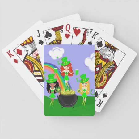 Girl Leprechauns Rainbow And Pot Of Gold Playing Cards