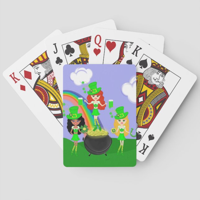 Girl Leprechauns Rainbow and Pot of Gold Poker Cards (Back)