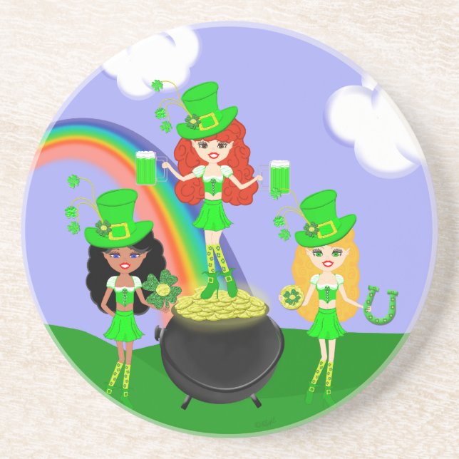 Girl Leprechauns Rainbow and Pot of Gold Sandstone Coaster (Front)