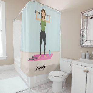 Girl Lifting Weights Illustration & Custom Name Shower Curtain