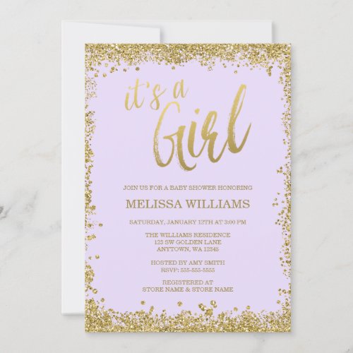 Girl Lilac Purple Faux Gold Glitter Baby Shower Invitation