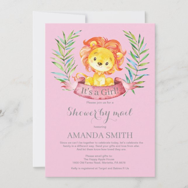 Girl Lion Baby Shower by Mail Invitation (Front)