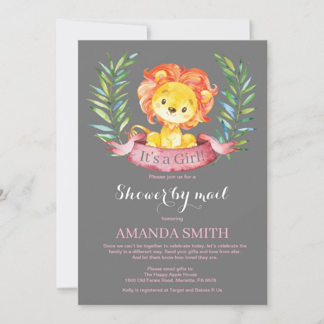 Girl Lion Baby Shower by Mail Invitation (Front)