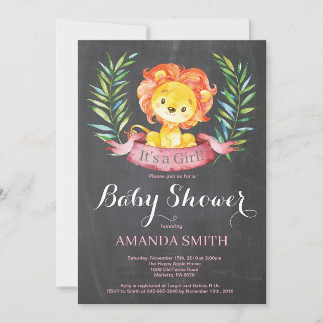 Girl Lion Baby Shower Invitation Chalkboard (Front)