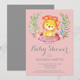 Girl Lion Baby Shower Invitation Pink and Gray