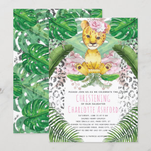 Girl Lion Illustration Safari Christening Invitation