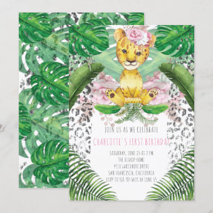Girl Lion Illustration Safari First Birthday Invitation
