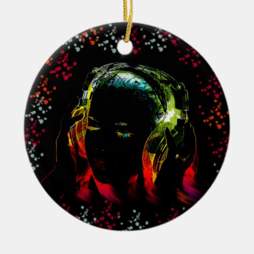 Girl Listening Music Headphones Neon Colors Gifts Ceramic Ornament