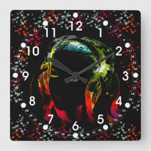 Girl Listening Music Headphones Neon Colors Gifts Square Wall Clock