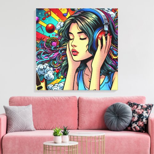 Girl Listening to Music on Headphones Psychedelic Canvas Print