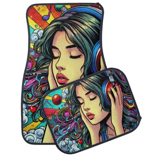 Girl Listening to Music on Headphones Psychedelic Car Floor Mat