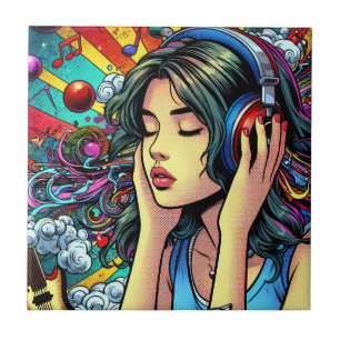 Girl Listening to Music on Headphones Psychedelic Ceramic Tile