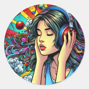 Girl Listening to Music on Headphones Psychedelic Classic Round Sticker