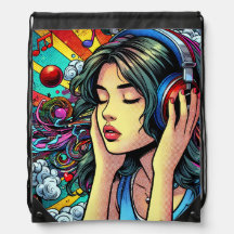 Girl Listening to Music on Headphones Psychedelic