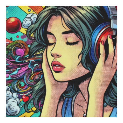 Girl Listening to Music on Headphones Psychedelic Faux Canvas Print