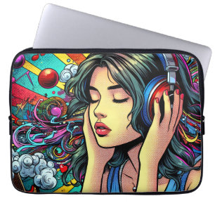 Girl Listening to Music on Headphones Psychedelic Laptop Sleeve