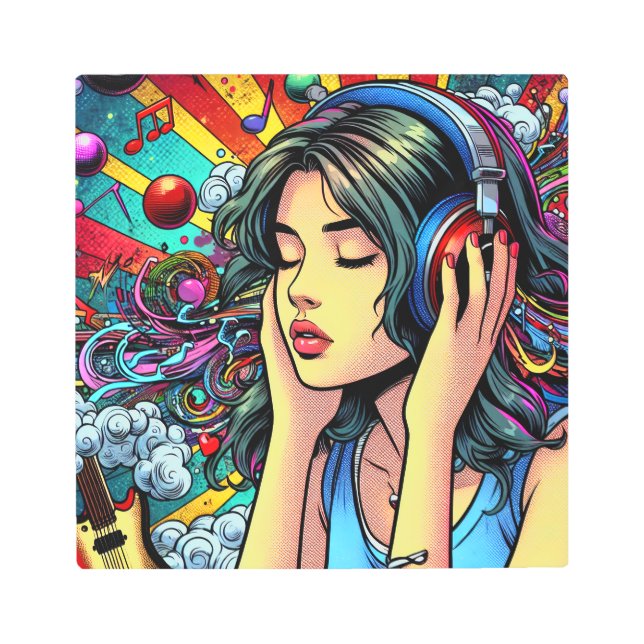 Girl Listening to Music on Headphones Psychedelic Metal Print (Front)
