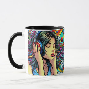 Girl Listening to Music on Headphones Psychedelic Mug