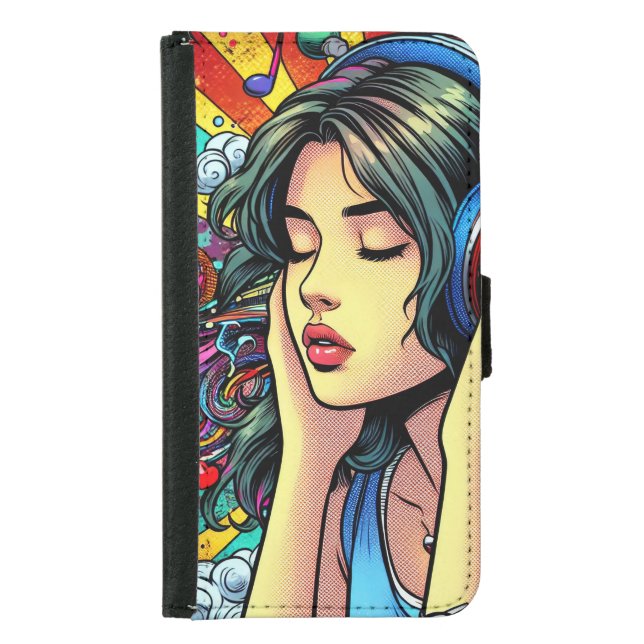 Girl Listening to Music on Headphones Psychedelic Samsung Galaxy Wallet Case (Front)