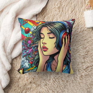 Girl Listening to Music on Headphones Psychedelic Throw Pillow