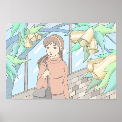 Girl listening to the sound of bells. poster