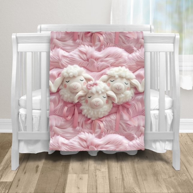 Girl Little Lamb Bows Fleece Blanket (Sweet pink lamb baby blanket with sleepy little sheep on a cozy pink background. )