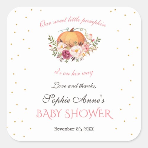 Girl Little Pumpkin Blush Floral Baby Shower Square Sticker
