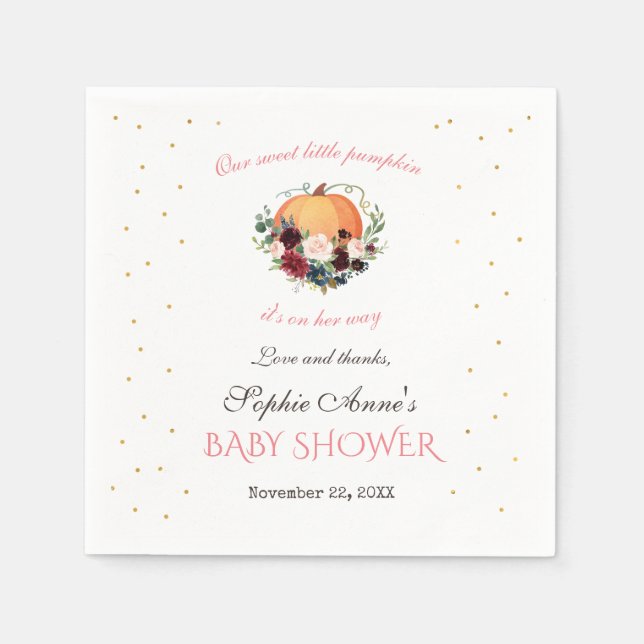 Girl Little Pumpkin Burgundy Floral Baby Shower Napkins (Front)