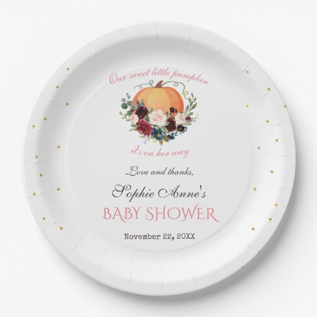 Girl Little Pumpkin Burgundy Floral Baby Shower Paper Plates (Front)