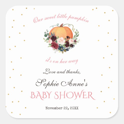 Girl Little Pumpkin Burgundy Floral Baby Shower Square Sticker