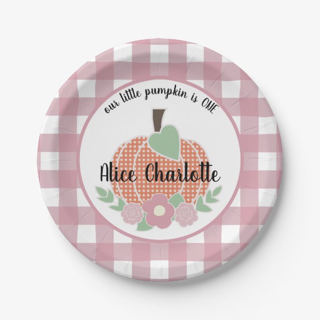 Girl Little Pumpkin Pink Plaid 1st First Birthday Paper Plates (Front)