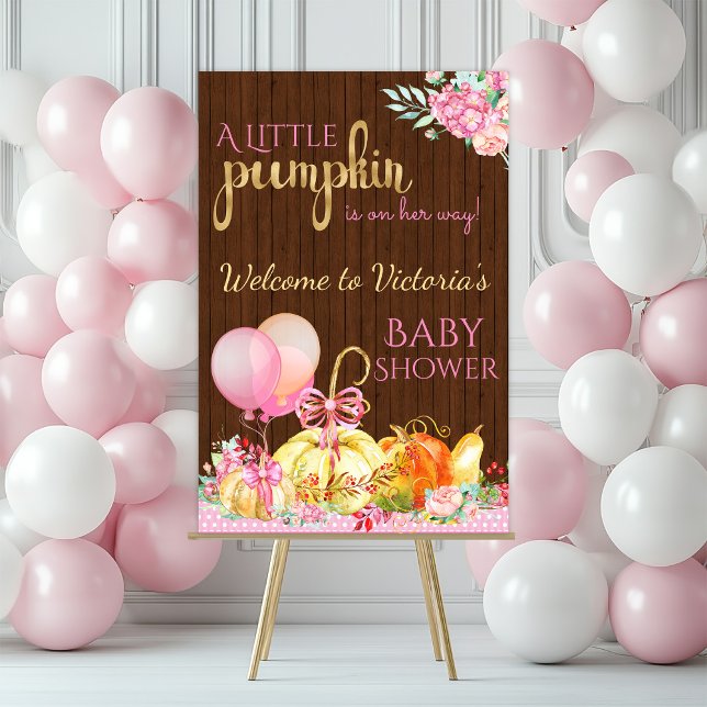 Girl Little Pumpkin Rustic Wood Baby Shower Sign (Girl little pumpkin baby shower welcome sign with pumpkins, balloons and flowers.)