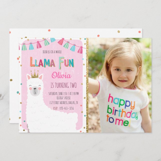 Girl Llama Birthday Invitation (Front/Back)