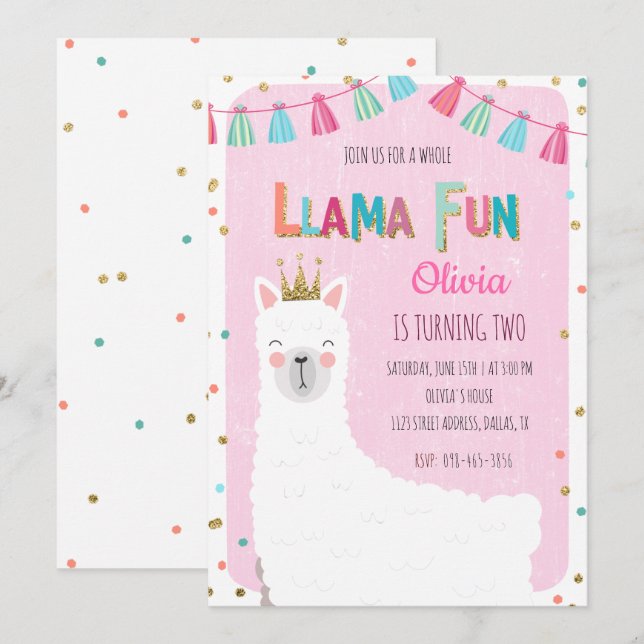 Girl Llama Birthday Invitation (Front/Back)