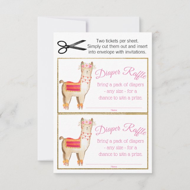 Girl Llama Diaper Raffle Tickets Invitation (Front)